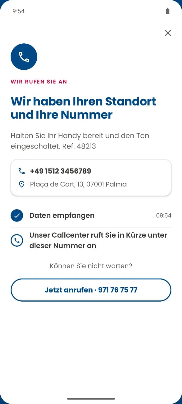 Villas Medical App: Bestätigung, dass Standort und Telefonnummer empfangen wurden
