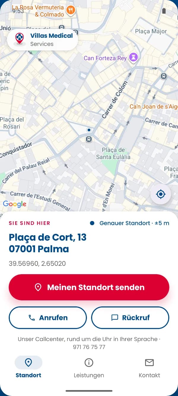 Villas Medical App: Karte mit der Schaltfläche Meinen Standort senden
