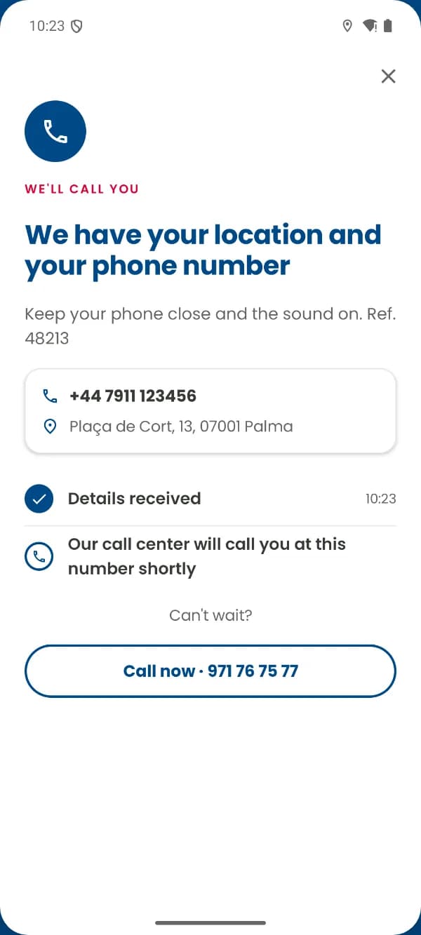 Villas Medical app: confirmation that your location and phone number were received