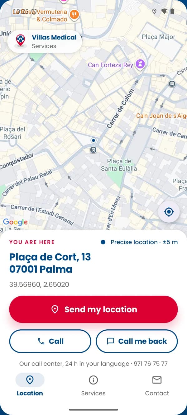 Villas Medical app: map with the Send my location button