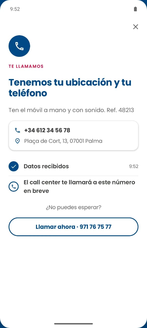 App Villas Medical: confirmación de ubicación y teléfono recibidos