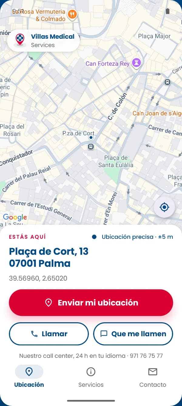 App Villas Medical: mapa con el botón Enviar mi ubicación